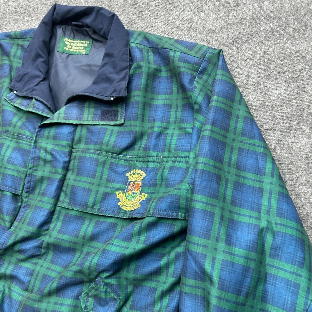 St. Andrews Tartan Windbreaker Jacket Medium Blue Green Golf Polyester Rain